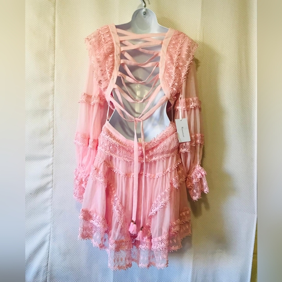 Rosevelvet Pink Lace Mini Dress Long Sleeve Cutout Ruffle Hem Size M - Picture 2 of 9